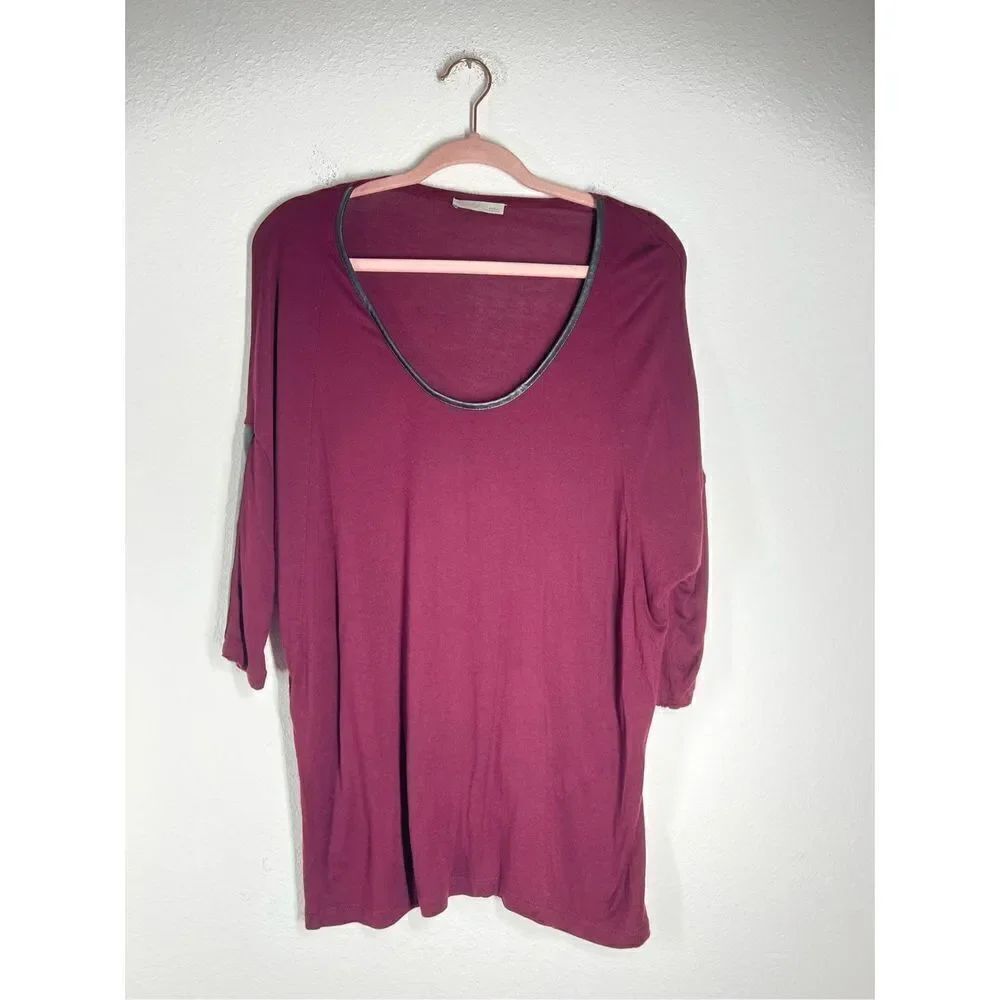 Zara Burgundy Vneck Top Blouse Faux leather decor elements Size M